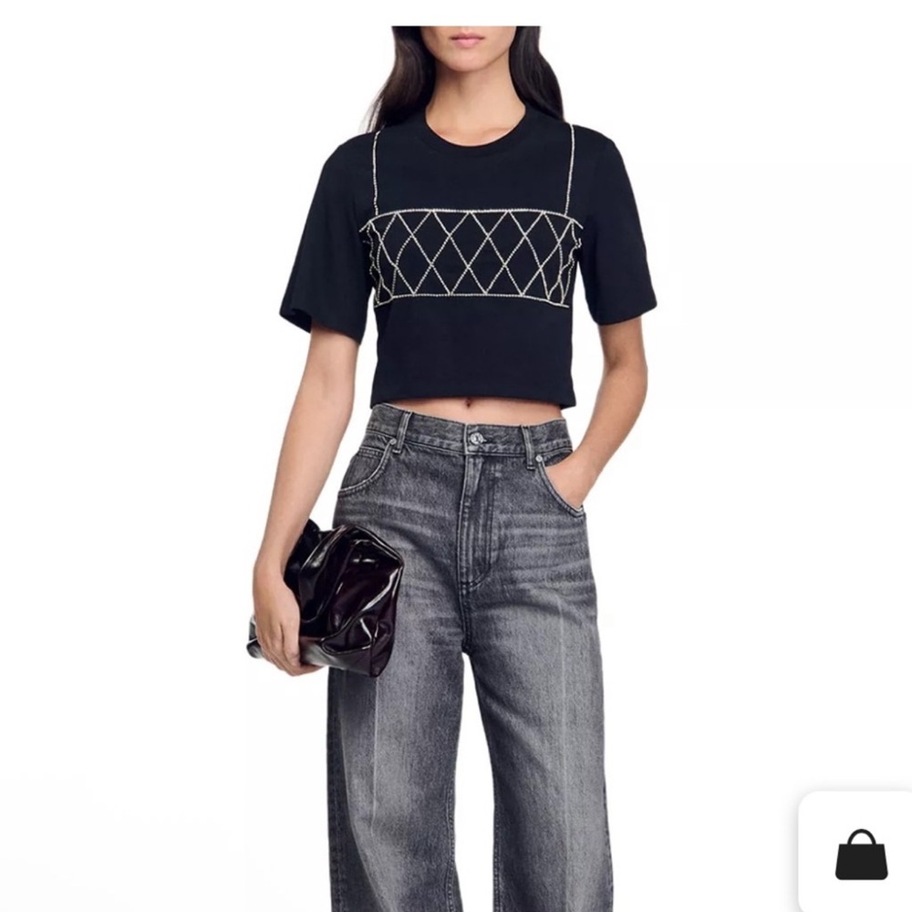 Sandro Black crop top with diamonds